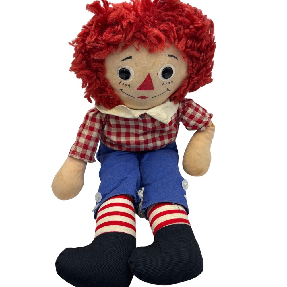Vintage Knickerbocker Raggedy Andy Plush Doll Red Yarn Hair Gingham Shirt 17in